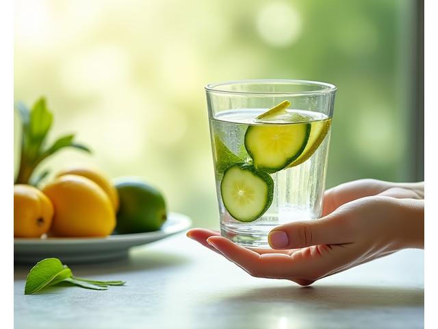 Persona sosteniendo un vaso de agua fresca con rodajas de pepino y limón, simbolizando una dieta saludable y un estilo de vida equilibrado que apoya la salud de la piel.