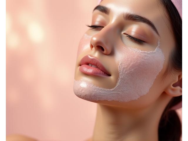 Mujer con ojos cerrados, recibiendo un tratamiento facial suave con una mascarilla calmante. La imagen irradia tranquilidad y cuidado delicado.