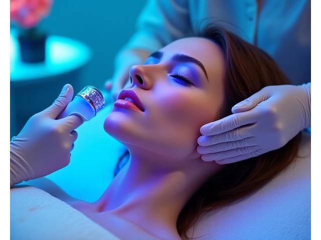 Persona recibiendo un tratamiento facial específico para acné, con luz LED azul aplicada en su rostro y productos profesionales visibles en el fondo.