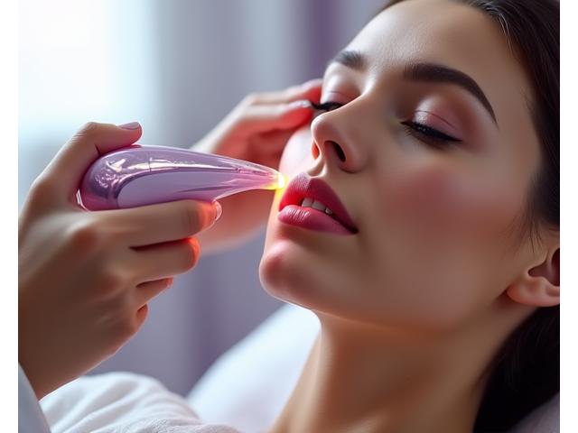 Esteticista realizando un análisis de piel con tecnología avanzada en el rostro de una clienta.