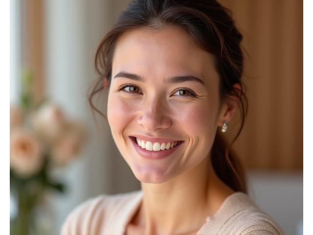 Mujer sonriente y relajada, con un rostro rejuvenecido después de un tratamiento no invasivo.