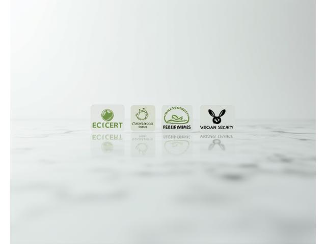Iconos de certificaciones ecológicas como ECOCERT, COSMOS, Vegan Society en una superficie limpia y brillante, transmitiendo confianza y verificación.