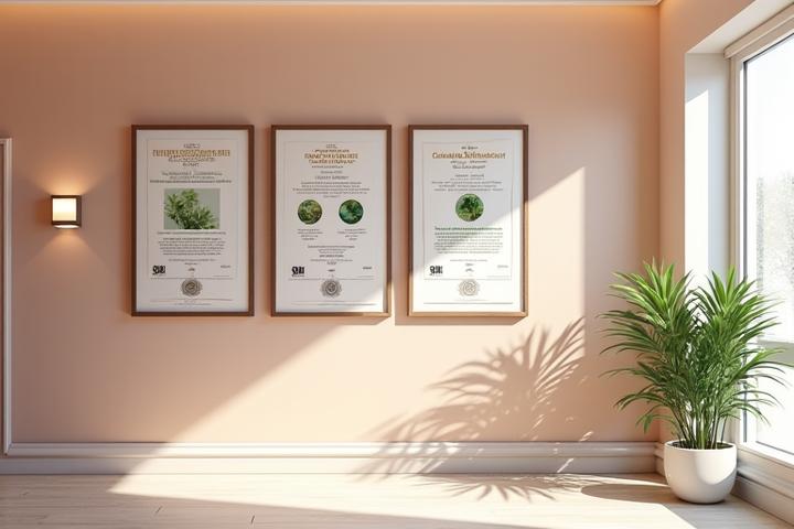 Una pared de un salón de belleza elegante exhibiendo diversas certificaciones ambientales y de bienestar, con sellos y reconocimientos bien visibles.