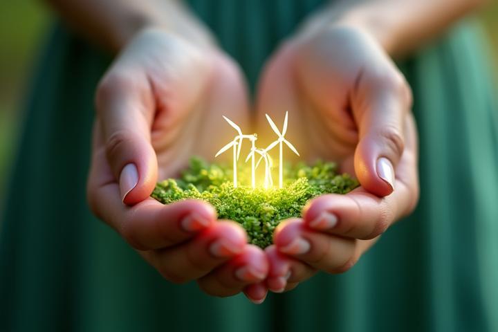 Manos sosteniendo una pequeña turbina eólica y paneles solares en miniatura, con un fondo verde, simbolizando el uso de energía limpia en las operaciones.