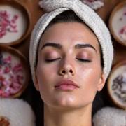 Una mujer recibiendo un tratamiento facial con mascarilla de arcilla, rodeada de cuencos con hierbas y aceites, en un spa tranquilo e iluminado.