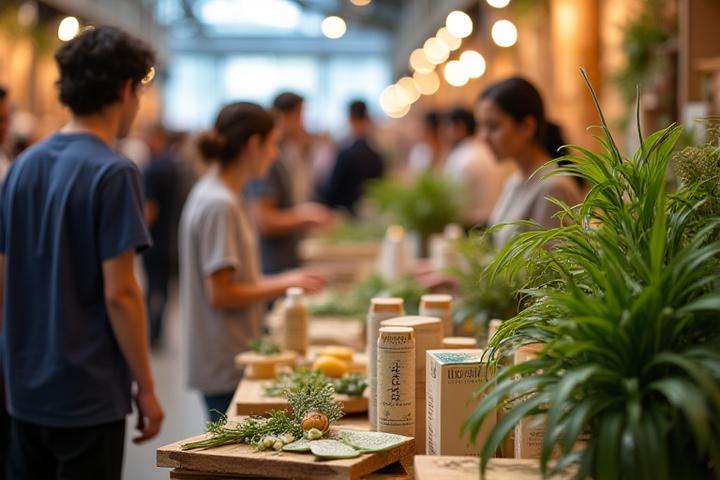 Personas interactuando en un stand de una feria de productos ecológicos, con productos naturales y etiquetas verdes, transmitiendo un ambiente de comunidad y sostenibilidad.