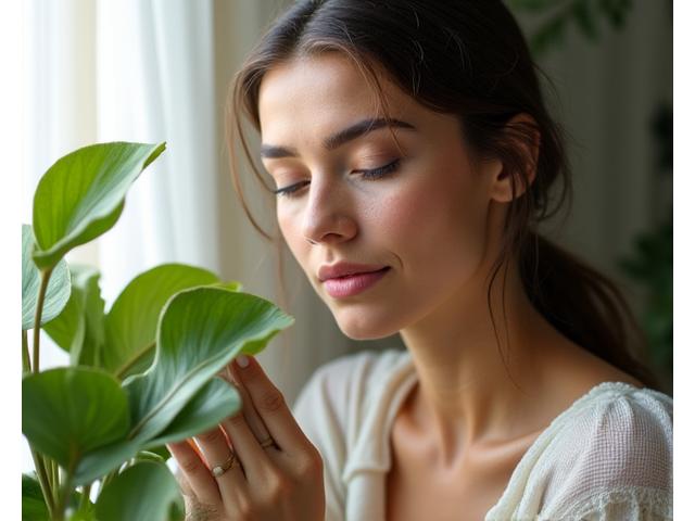 Mujer con piel radiante tocando una planta verde, simbolizando conexión con la naturaleza y bienestar.