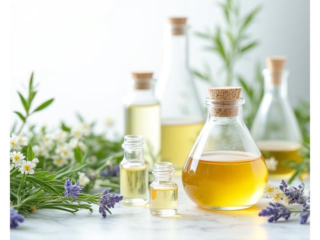 Extractos botánicos y aceites esenciales en frascos de laboratorio, con plantas frescas de fondo, mostrando la pureza de los ingredientes.