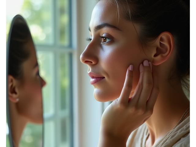 Una mujer aplicando un suero o crema natural en su rostro frente a un espejo, con la luz natural de una ventana, simbolizando una rutina de autocuidado consciente.