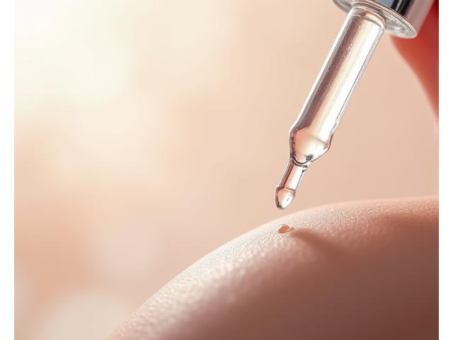 Primer plano de un cuentagotas dispensando un suero claro en piel sensible, con un enfoque suave y tonos pastel para transmitir calma y cuidado.
