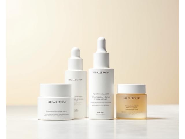 Una selección de productos de belleza minimalistas, etiquetados como 'hipoalergénicos' y 'dermatológicamente testados', sobre una superficie suave y limpia.