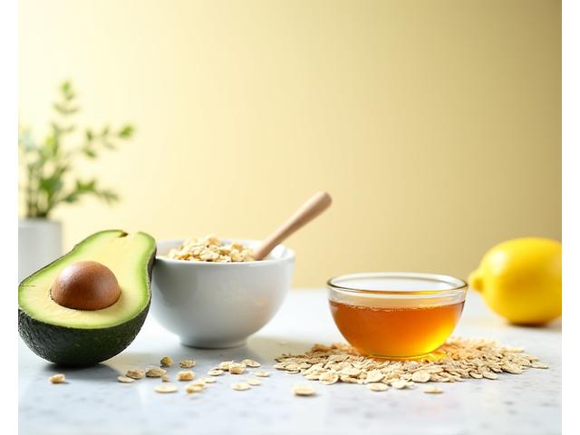 Ingredientes frescos como aguacate, miel y avena dispuestos para una mascarilla facial casera, con utensilios de cocina simples, ambiente acogedor.