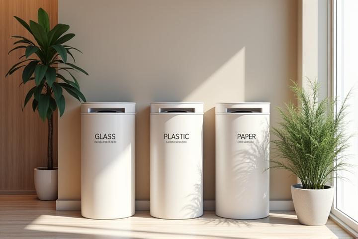 Contenedores de reciclaje separados para vidrio, plástico y papel en un entorno de salón de belleza elegante, mostrando una gestión de residuos responsable.