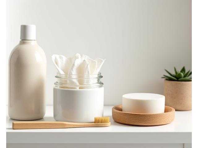 Una estantería de baño ordenada con productos reutilizables como cepillos de bambú, discos desmaquillantes lavables y jabones sólidos, reflejando una rutina sostenible.
