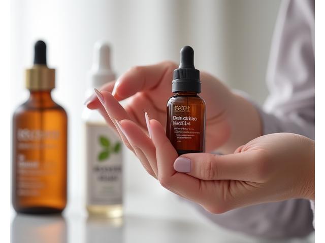 Manos expertas seleccionando envases de productos de belleza con etiquetas de certificación orgánica y vegana, en un entorno de laboratorio o spa.