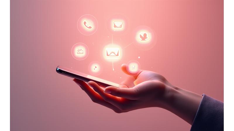 Mano sosteniendo un smartphone con íconos de contacto flotando, simbolizando conexión fácil con Esplendor Estética