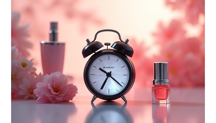 Reloj que marca la hora, superpuesto con un cepillo y productos de belleza, simbolizando disponibilidad rápida.