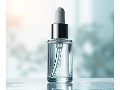 Frasco de sérum hidratante de marca premium en un entorno lujoso.