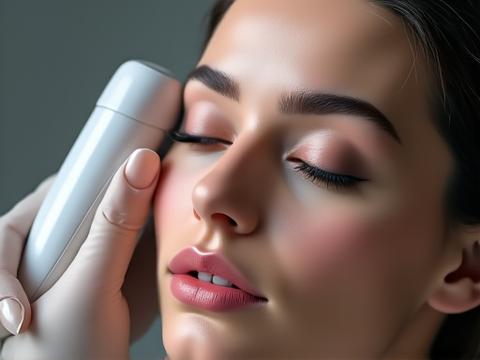 Radiofrecuencia facial aplicada en el rostro de una mujer.