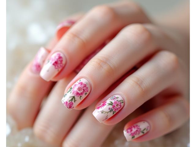 Nail art floral delicado en uñas con base nude.