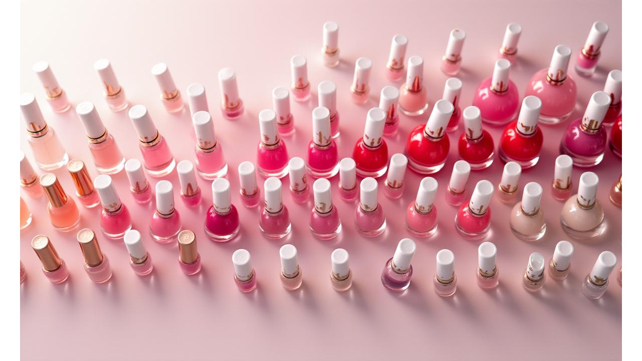 Gran variedad de esmaltes de uñas, con una paleta de colores vibrantes y diversos, presentados de forma estética.