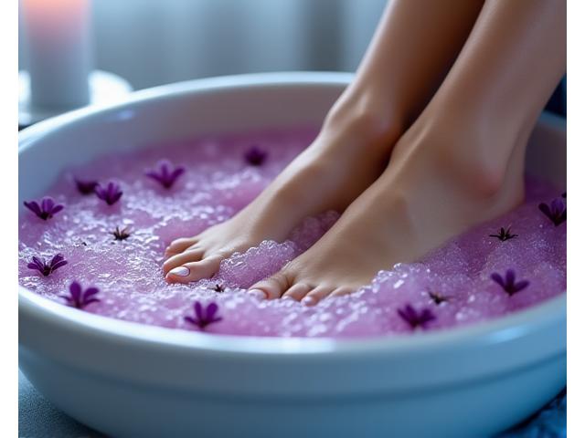 Pies sumergidos en un cuenco con agua tibia, sales aromáticas y pétalos de flores.