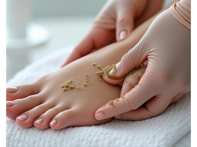 Técnica aplicando exfoliante natural en los pies del cliente.