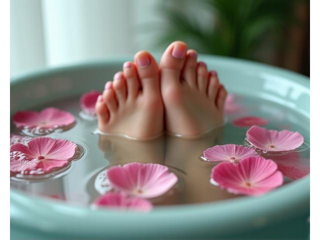 Pies relajándose en un baño de spa con pétalos de flores.
