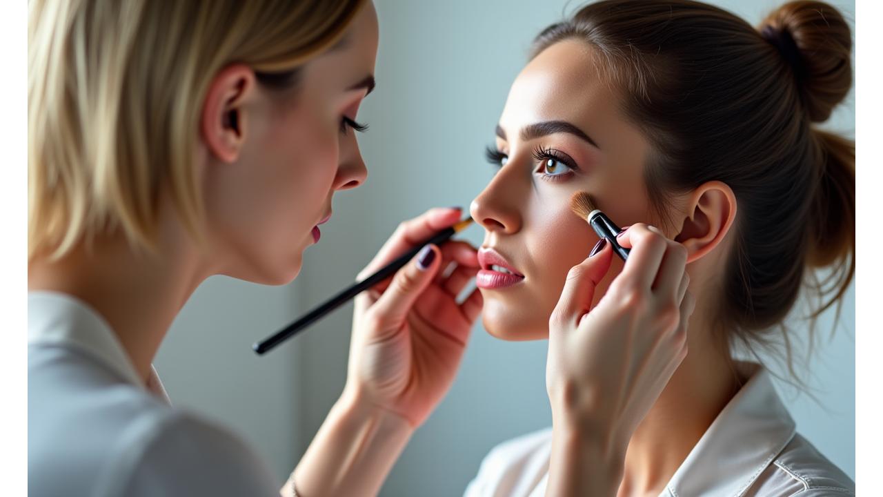 Maquilladora profesional aplicando maquillaje a una modelo en un estudio, con luces y brochas en primer plano