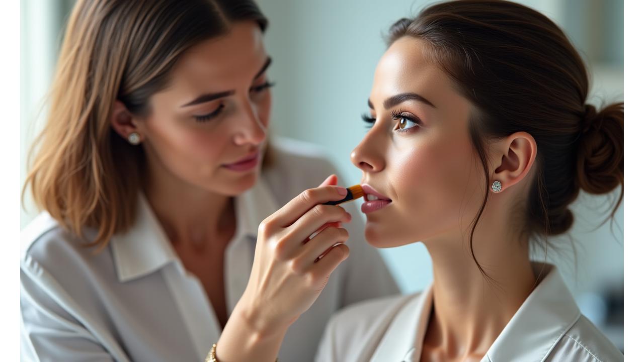Maquilladora aplicando base de maquillaje a una clienta en una consulta, ambiente profesional y de confianza