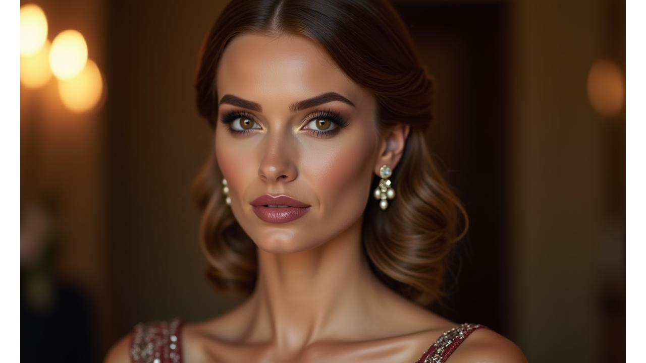Mujer sonriendo, maquillada para un evento nocturno con ojos ahumados y labios nude, en un entorno elegante