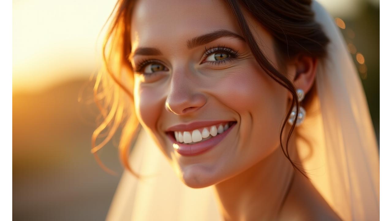 Novia sonriendo, maquillada profesionalmente con un look natural y elegante, flores en el pelo