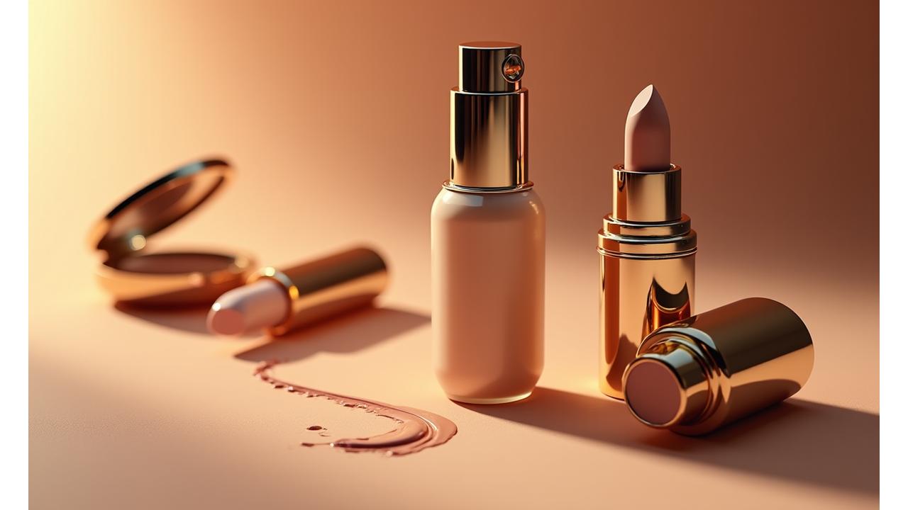 Exhibición de maquillaje de lujo con envases elegantes y texturas cremosas, brillo sutil