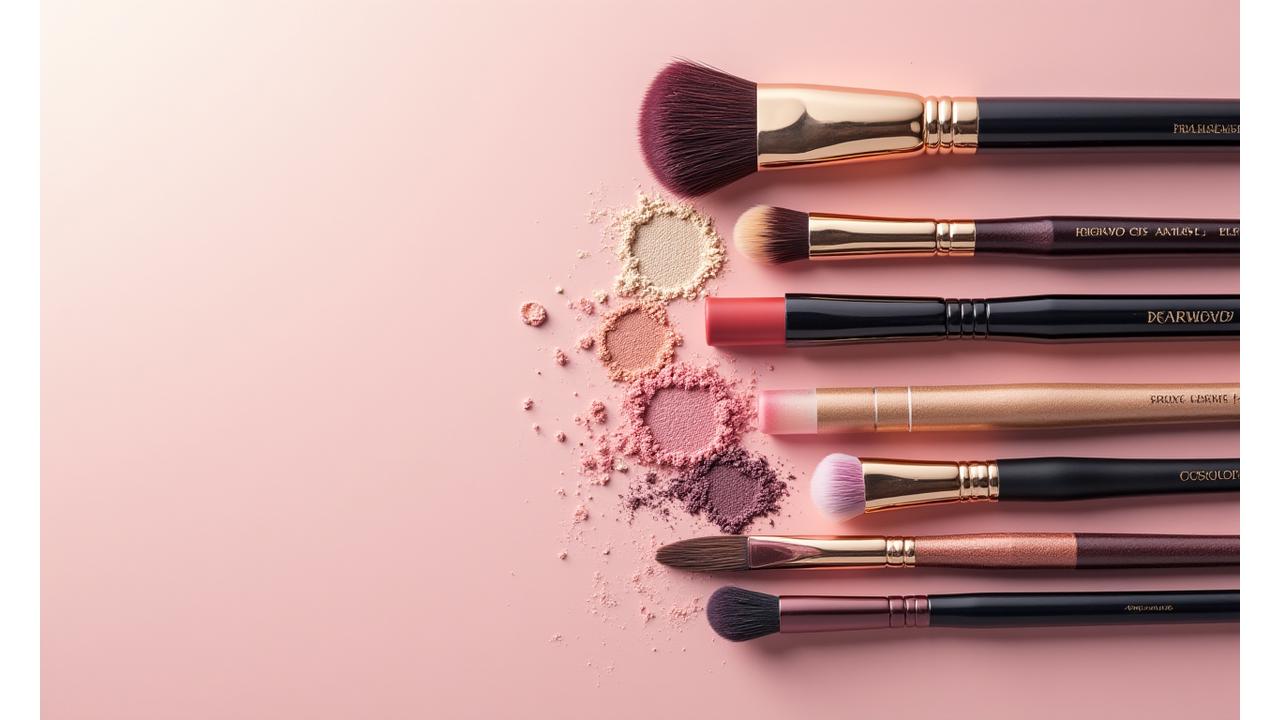 Variedad de brochas de maquillaje ordenadas artísticamente sobre una paleta de sombras de ojos, colores vibrantes