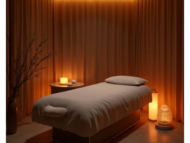 Sala de masaje con iluminación tenue y aromaterapia