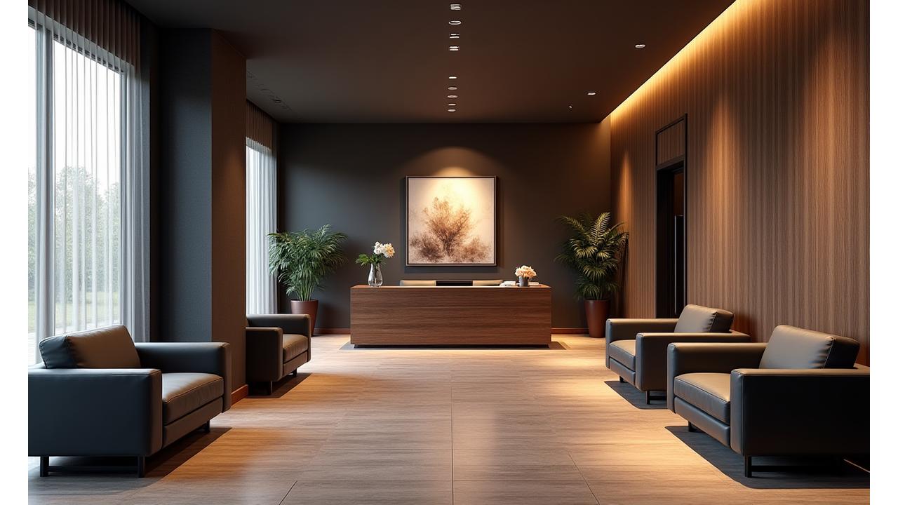 Interior moderno y elegante de un centro de estética con mobiliario masculino y privacidad.