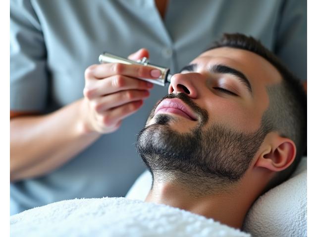 Hombre recibiendo tratamiento facial profesional en un ambiente limpio y moderno.