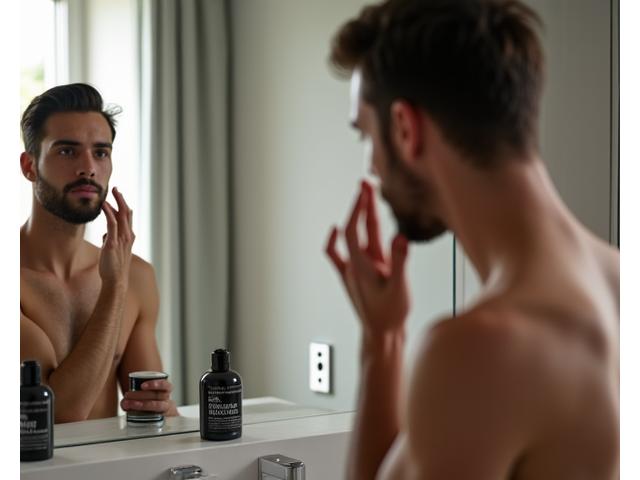 Hombre adulto joven examinando su piel en un espejo, con productos de cuidado facial en un baño moderno.