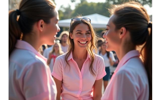 Grupo de personas sonriendo en un evento benéfico de belleza con el logo de Esplendor Estética al fondo