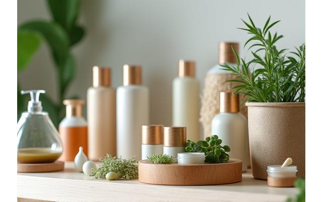 Muestra de productos eco-amigables y material reciclado en un salón de belleza, resaltando sostenibilidad