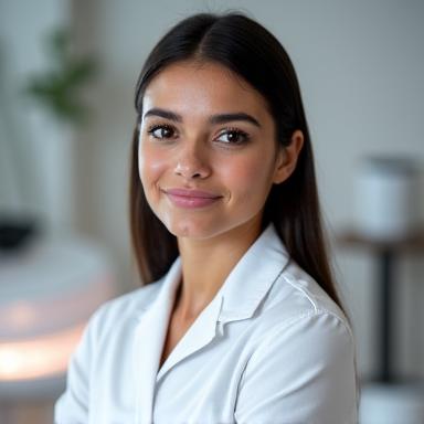 Retrato profesional y detallista de Elena, técnica en depilación láser, con un gesto de confianza