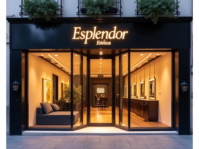 Fachada elegante de Esplendor Estética en Madrid, reflejando luz cálida al atardecer