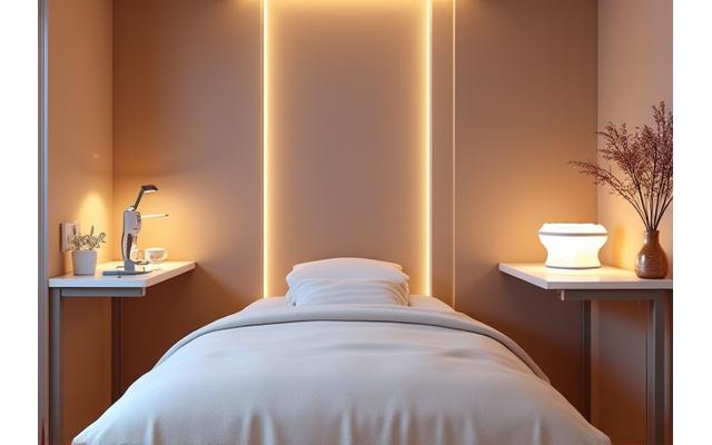 Cabina de tratamiento iluminada con luz suave, camilla impecable y equipo de alta tecnología