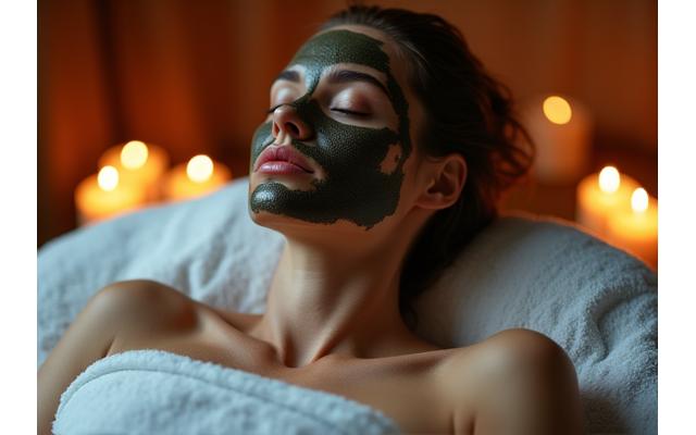 Mujer cubierta con envoltura corporal de algas o lodo en un ambiente relajante de spa, con luz tenue y velas.