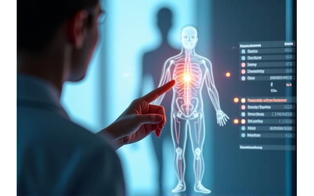Terapeuta señalando áreas en mapa corporal digital con una mujer de fondo, representando una evaluación corporal en Esplendor Estética.