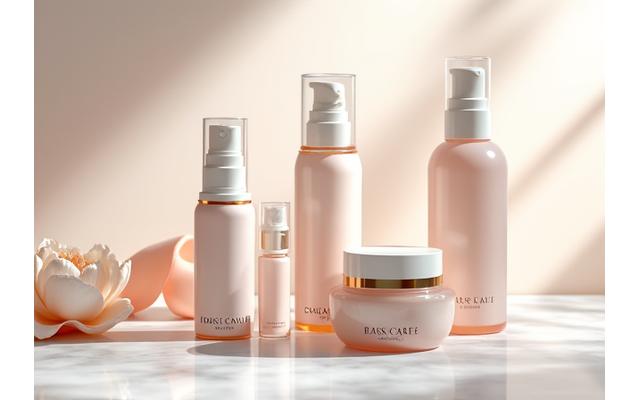 Variedad de productos cosméticos de alta gama para el cuidado corporal en un tocador elegante, con flores.