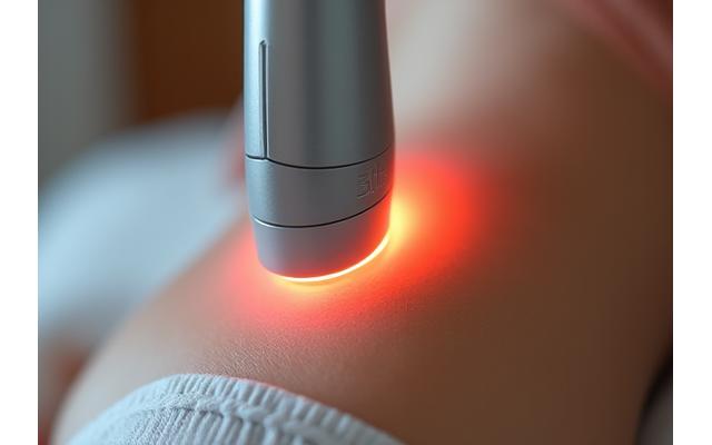 Primer plano de un dispositivo de radiofrecuencia corporal siendo aplicado en la piel de un abdomen, mostrando luminosidad.